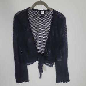 Y2K Sheer Mesh Tie Cardigan Size S Black Fairy Whimsigoth Layers Neutral Minimal